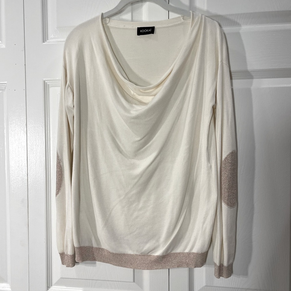 Kookai France cream sweater, glittery elbow patch and bottom fringe